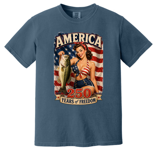 America 250 Years Fishing T-Shirt, Patriotic Largemouth Bass Pin Up Girl Tee, USA Anniversary Apparel, Vintage Style Fisherman Gift