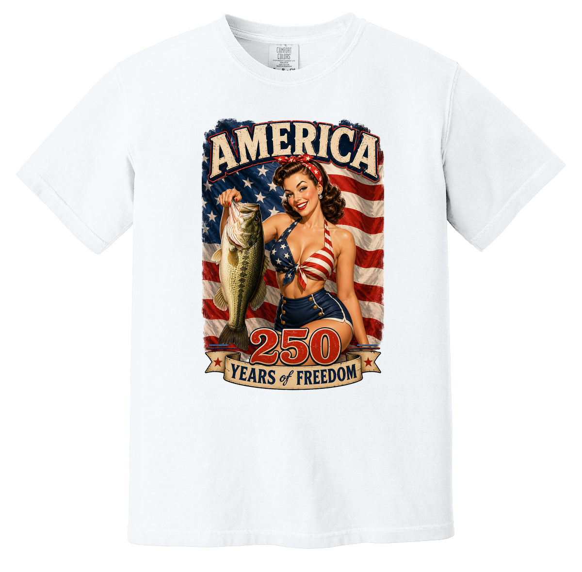 America 250 Years Fishing T-Shirt, Patriotic Largemouth Bass Pin Up Girl Tee, USA Anniversary Apparel, Vintage Style Fisherman Gift