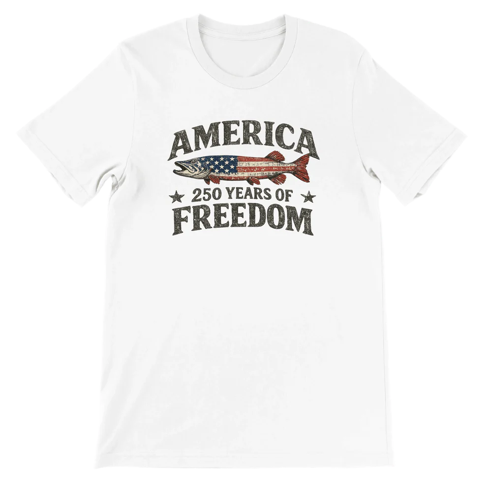 America 250 Years of Freedom Fishing T-Shirt, Patriotic Patriotic Apparel, USA Anniversary Gift, Fisherman Tee, 250th Birthday Shirt