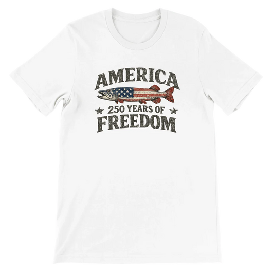 America 250 Years of Freedom Fishing T-Shirt, Patriotic Patriotic Apparel, USA Anniversary Gift, Fisherman Tee, 250th Birthday Shirt