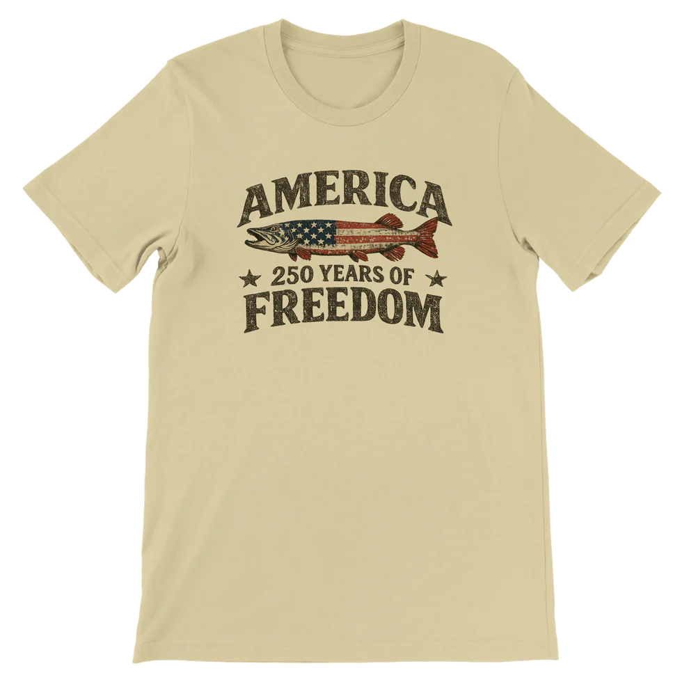America 250 Years of Freedom Fishing T-Shirt, Patriotic Patriotic Apparel, USA Anniversary Gift, Fisherman Tee, 250th Birthday Shirt